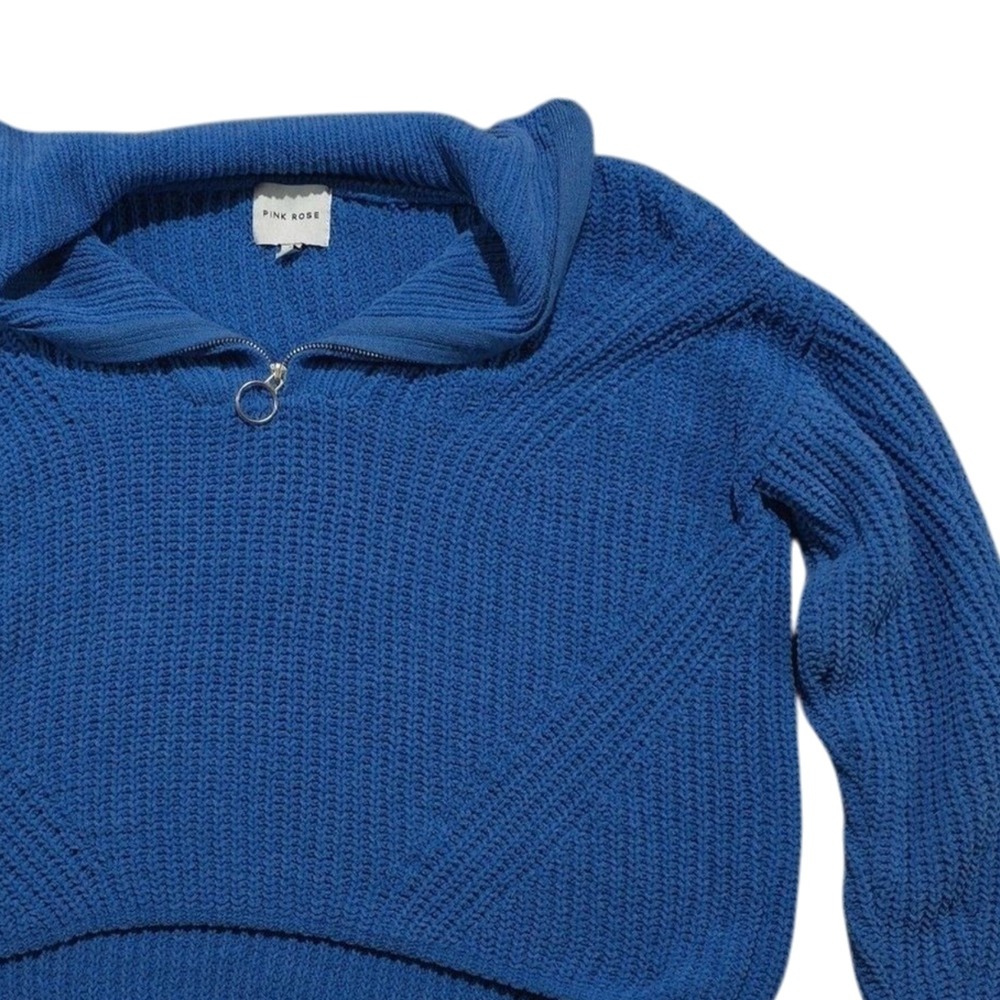Pink Rose Blue Chenille Quarter Zip Cropped Sweater Large PF3S26335